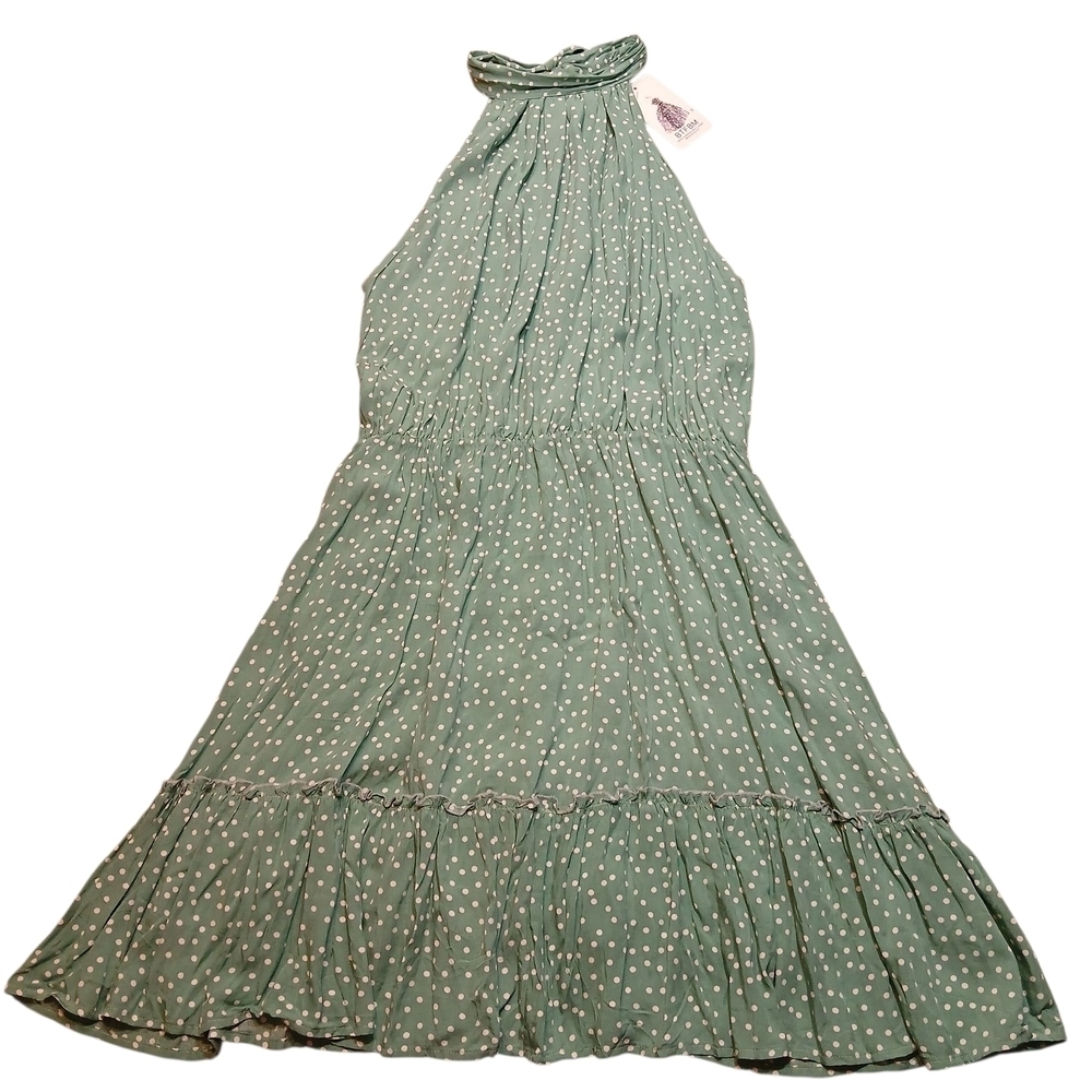 Sage Green Polka Dot Halter Dress Boho Feminine Tiered Midi Summer Brunch NWT